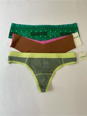 aerie Women’s 3-Pack Seamless Thong Set - Green, Brown, Lime/Green size XS